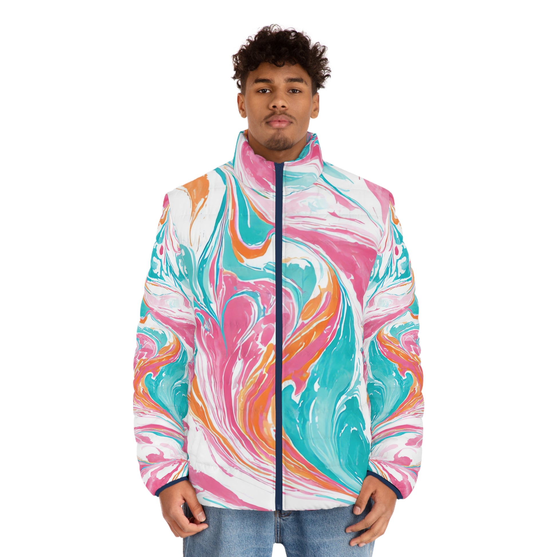 Liquid Pastel Spill Multi-Color  Men's Puffer Jacket (AOP), Artsulli - Art is Long, Life is Short, All Over Prints, , , , , , , 
