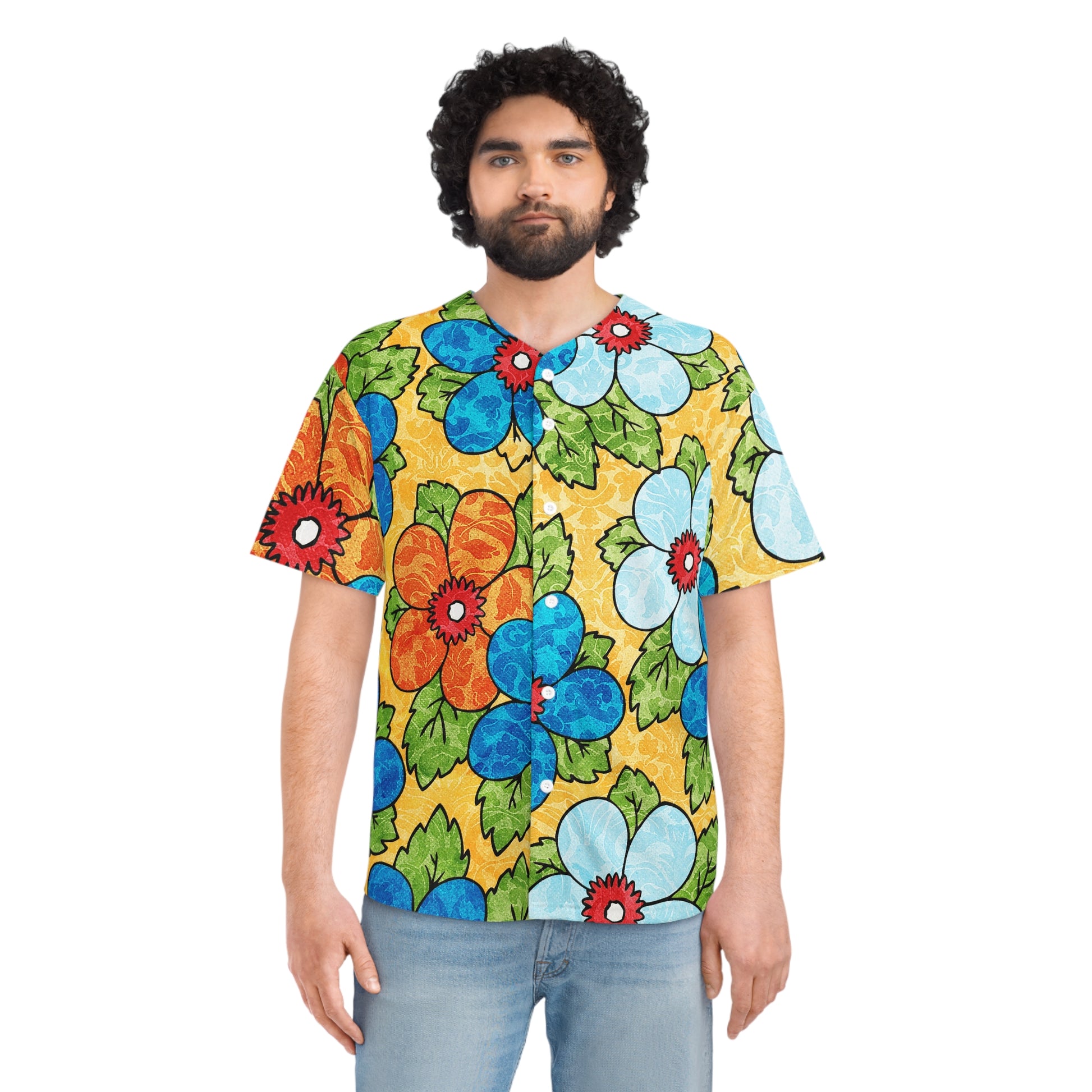 Groovy Yellow Floral Kl II Men's Baseball Jersey (AOP), Artsulli - Art is Long, Life is Short, All Over Prints, , , , , , , 