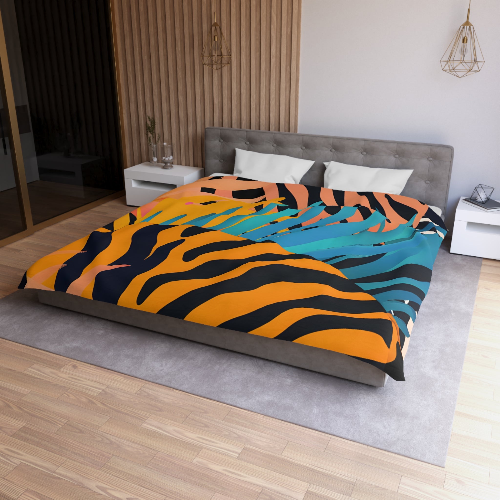 Palm Leaves x Zebra Stripes x  Tiger Stripes Orange and Blue  Microfiber Duvet Cover, Artsulli - Art is Long, Life is Short, Home Decor, , , , , , , 