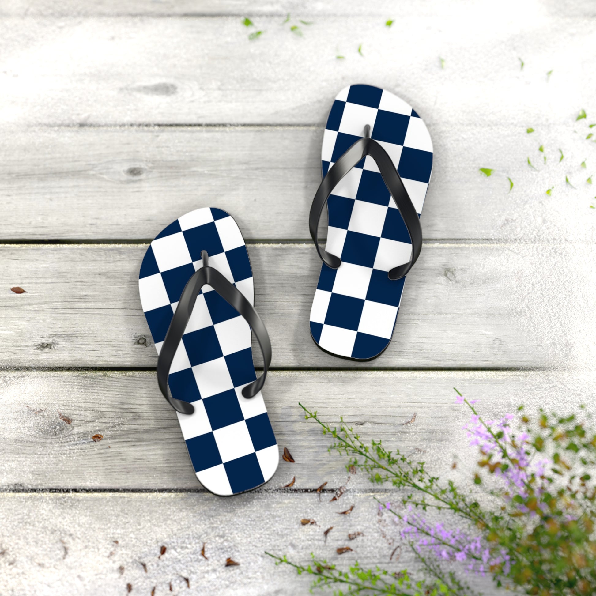 Checkerboard White and Navy Blue Flip Flops, Artsulli - Art is Long, Life is Short, Shoes, , , , , , , 