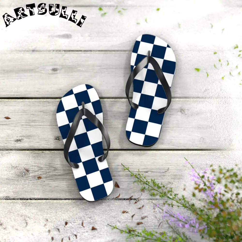 JAKKOUTTHEBXX Checkerboard White and Navy Blue Flip Flops