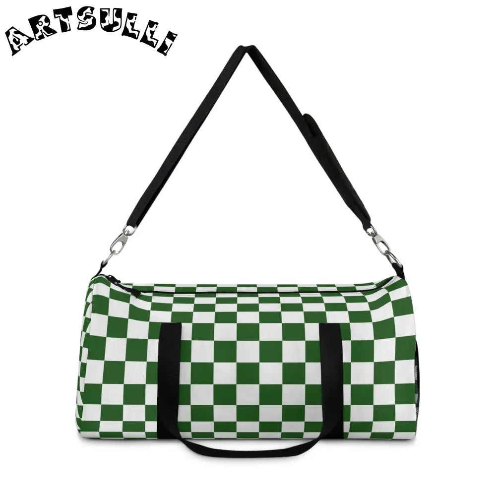 JAKKOUTTHEBXX Checkerboard II White and Dark Green Duffel Bag