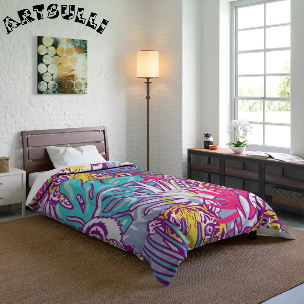 JAKKOUTTHEBXX Tropical Floral Tigers Torquise and Purple Comforter