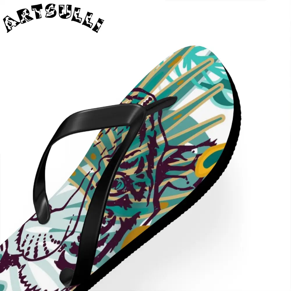 JAKKOUTTHEBXX Tropical Jungle Tigers Brown and Green Flip Flops