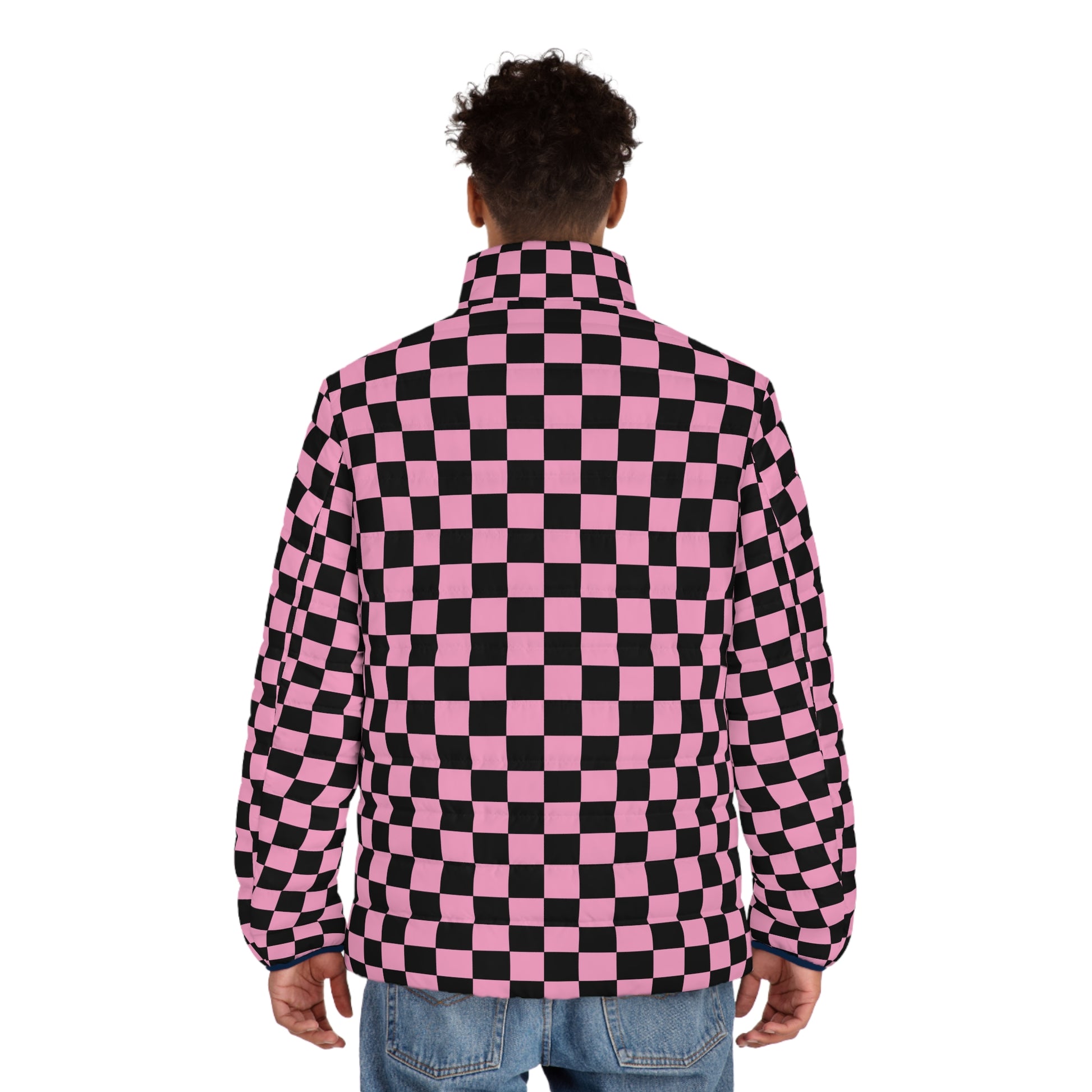 Checkerboard Black and Pink Men's Puffer Jacket (AOP), Artsulli - Art is Long, Life is Short, All Over Prints, , , , , , , 