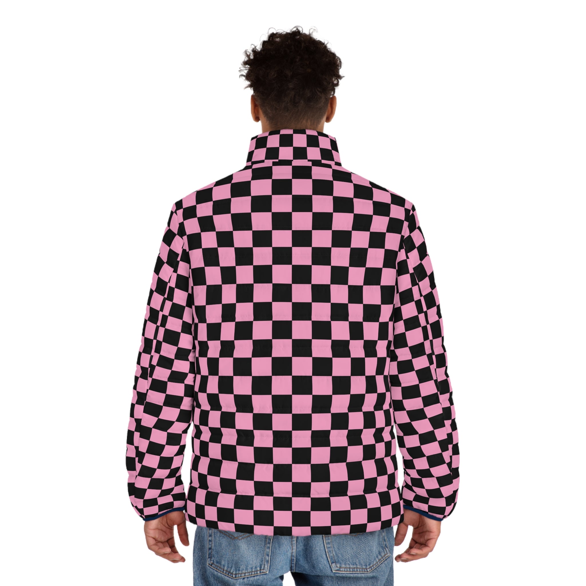 Checkerboard Black and Pink Men's Puffer Jacket (AOP), Artsulli - Art is Long, Life is Short, All Over Prints, , , , , , , 