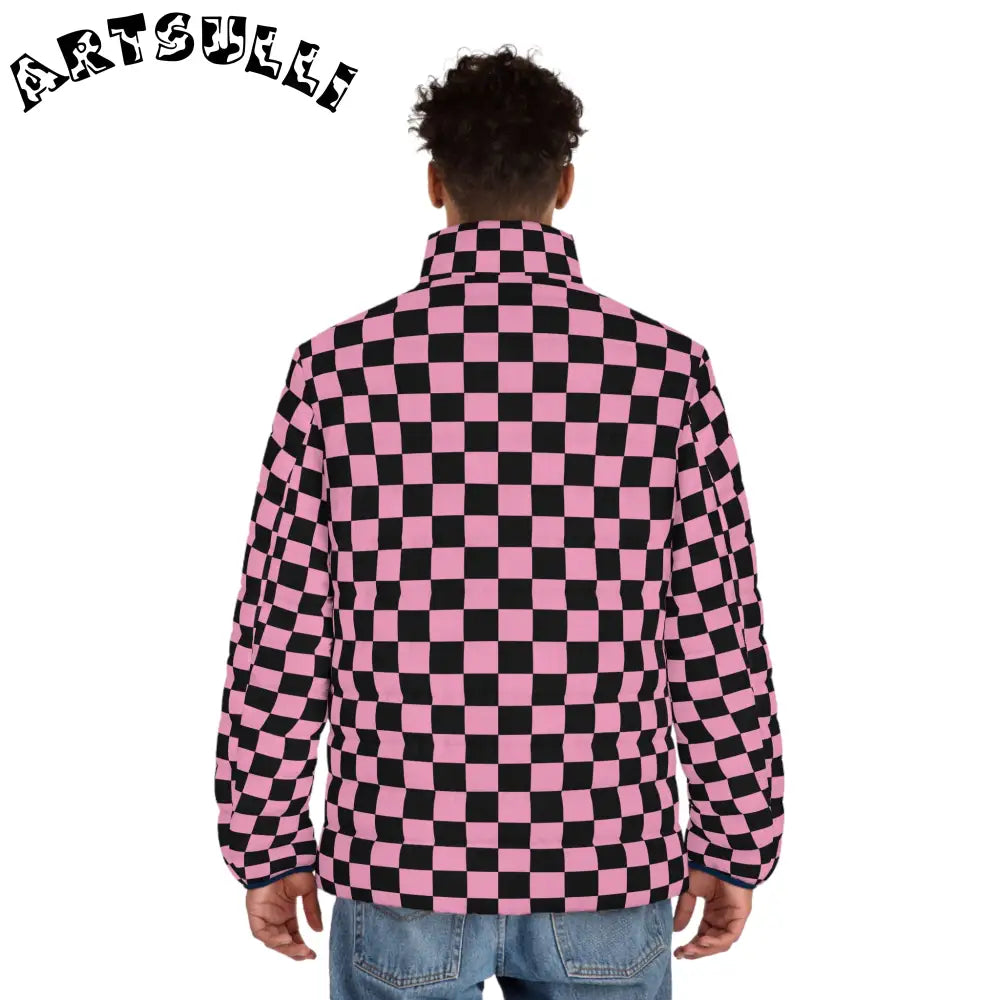 JAKKOUTTHEBXX Checkerboard Black and Pink Men’s Puffer Jacket (AOP)