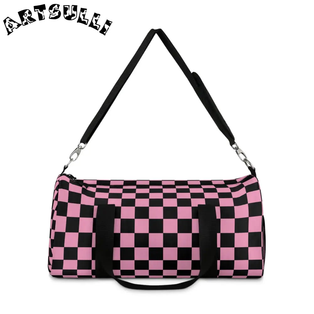 JAKKOUTTHEBXX Checkerboard II Black and Pink Duffel Bag