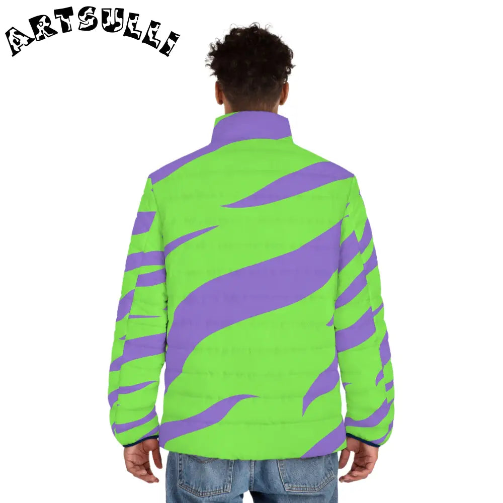 JAKKOUTTHEBXX Tyrannosaurus Print Green and Purple Men’s Puffer