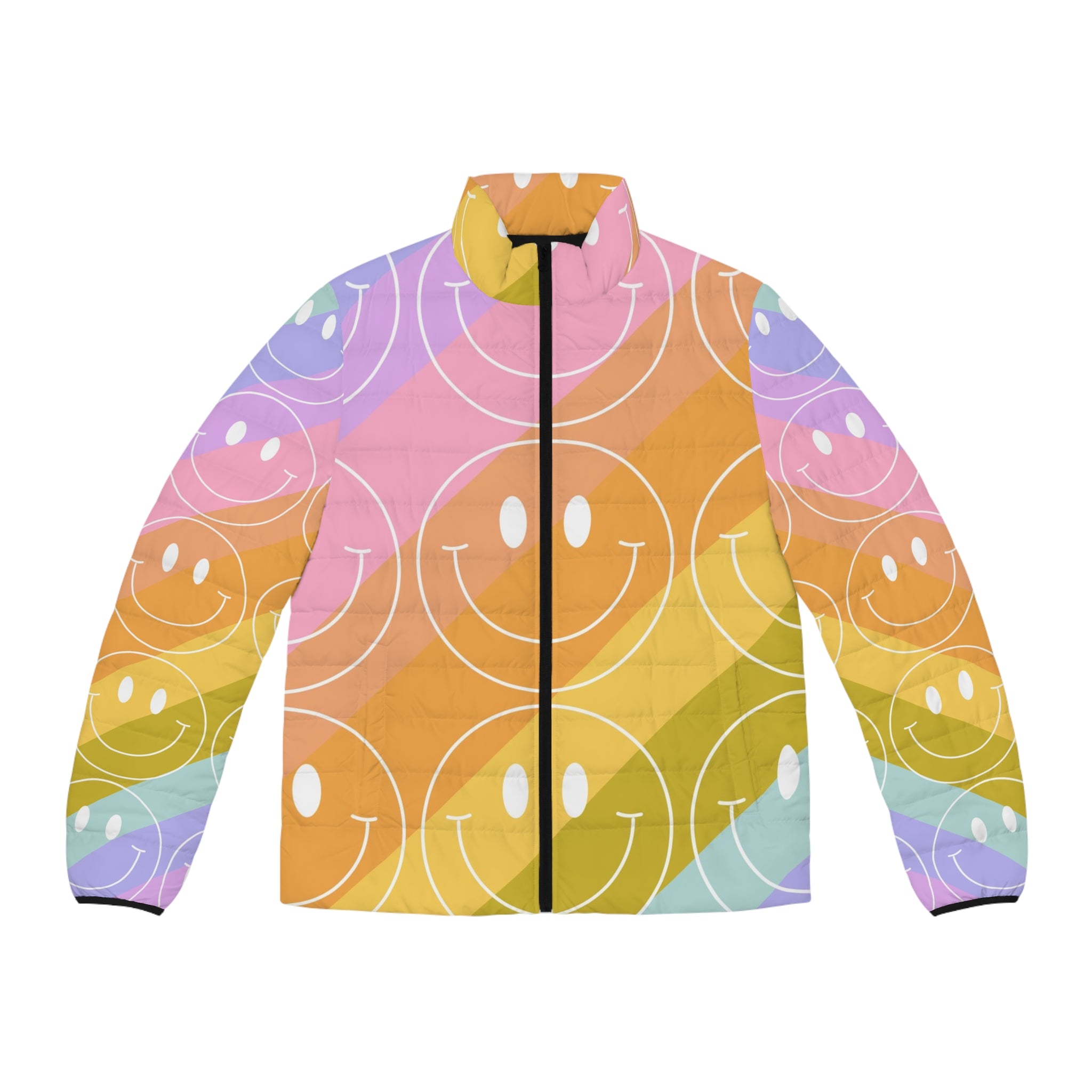 Smiley Face x Rainbow Stripes Multi-Color Men's Puffer Jacket (AOP), Artsulli - Art is Long, Life is Short, All Over Prints, Size, S, Color, Black zipper, , , 81616820998995