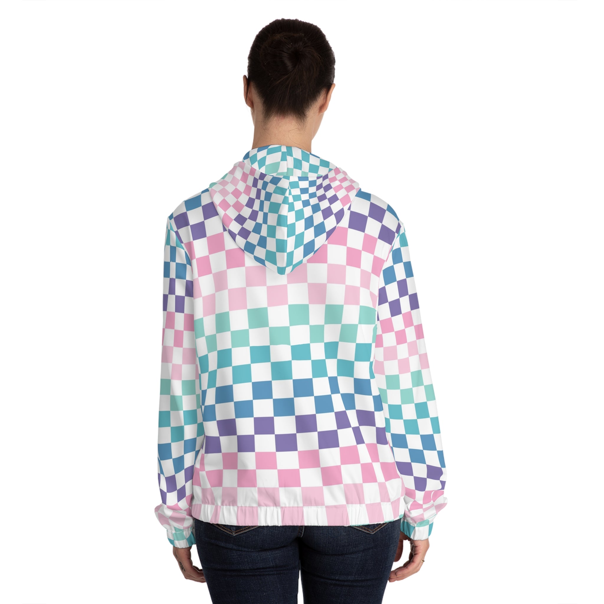 Vaporwave Rainbow  Checkerboard Multi-Color Women’s Full-Zip Hoodie (AOP), Artsulli - Art is Long, Life is Short, All Over Prints, , , , , , , 