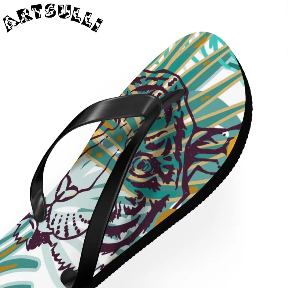 JAKKOUTTHEBXX Tropical Jungle Tigers Brown and Green Flip Flops
