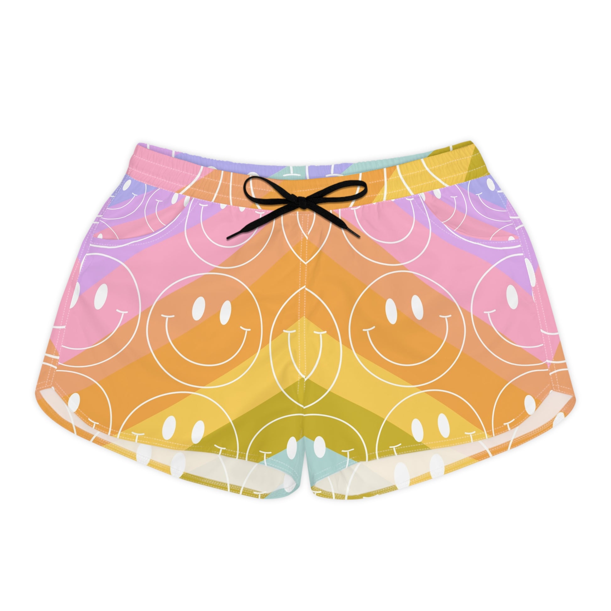 Smiley Face x Rainbow Stripes Multi-Color Women's Casual Shorts (AOP), Artsulli - Art is Long, Life is Short, All Over Prints, Size, S, Color, Black drawstring, , , 16335897567826