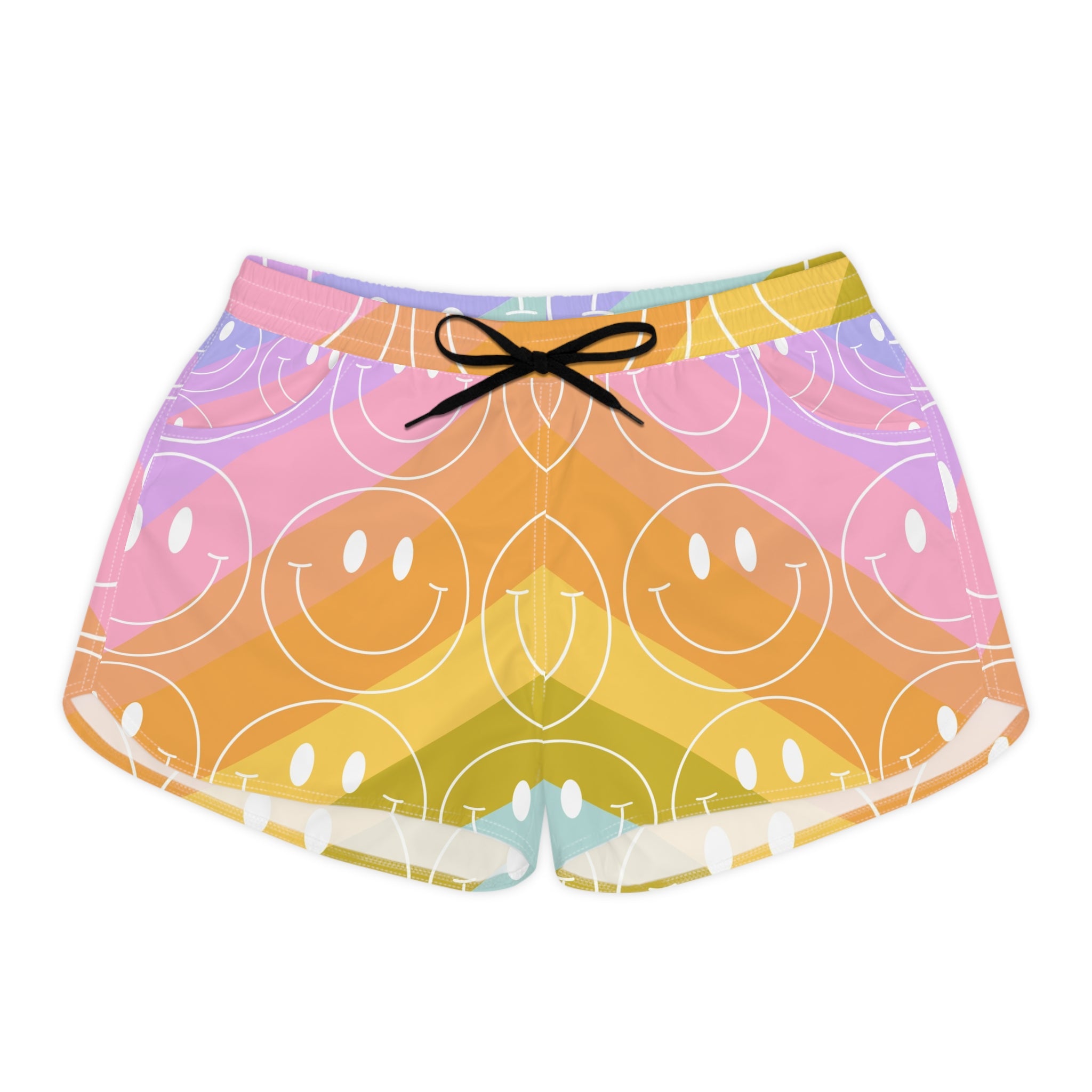 Smiley Face x Rainbow Stripes Multi-Color Women's Casual Shorts (AOP), Artsulli - Art is Long, Life is Short, All Over Prints, Size, S, Color, Black drawstring, , , 16335897567826