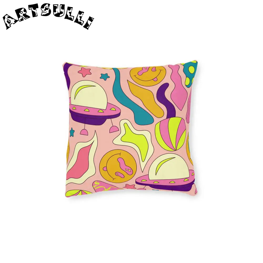 JAKKOUTTHEBXX Trippy Spaceships Pink Square Pillow JAKKOUTTHEBXX