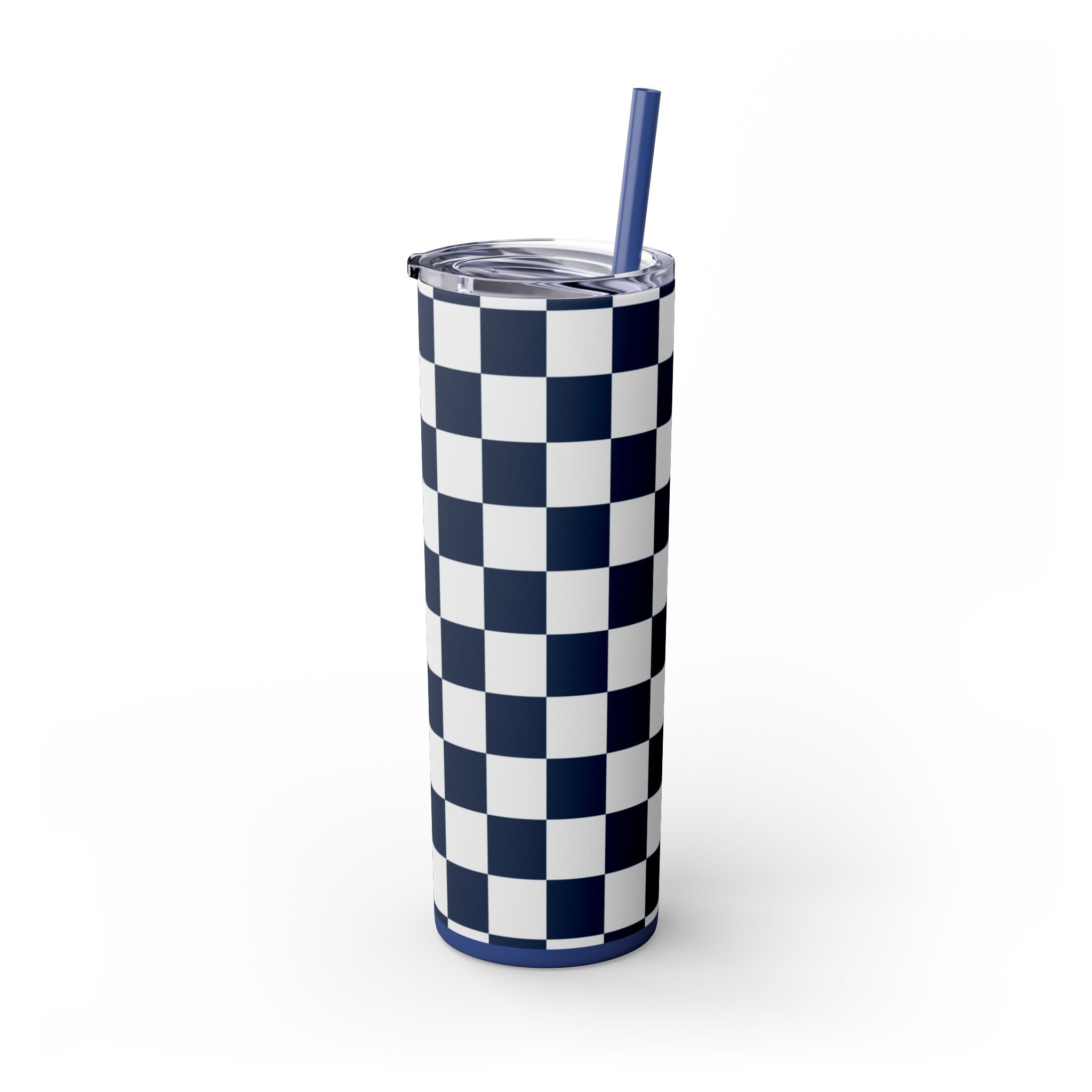 Checkerboard White and Navy Blue Skinny Tumbler with Straw, 20oz, Artsulli - Art is Long, Life is Short, Mug, , , , , , , 