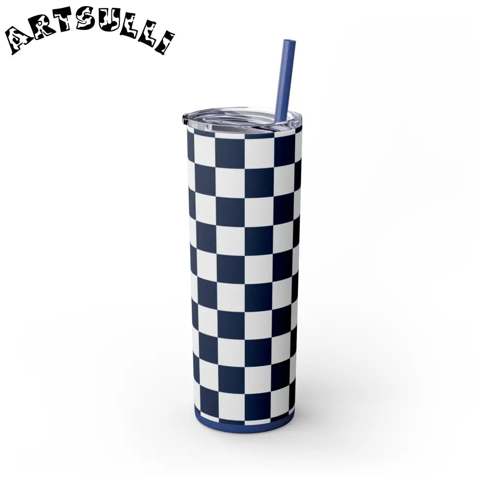 JAKKOUTTHEBXX Checkerboard White and Navy Blue Skinny Tumbler
