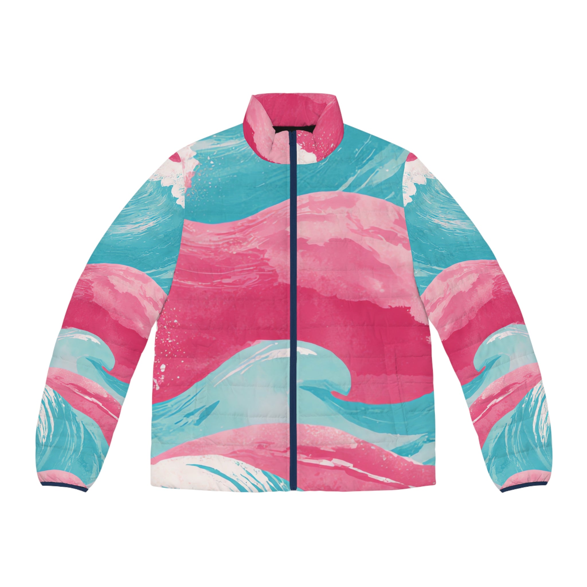 The Great Pastelwave Pink and Blue Men's Puffer Jacket (AOP), Artsulli - Art is Long, Life is Short, All Over Prints, Size, S, Color, Dark blue zipper, , , 19891104554009937414