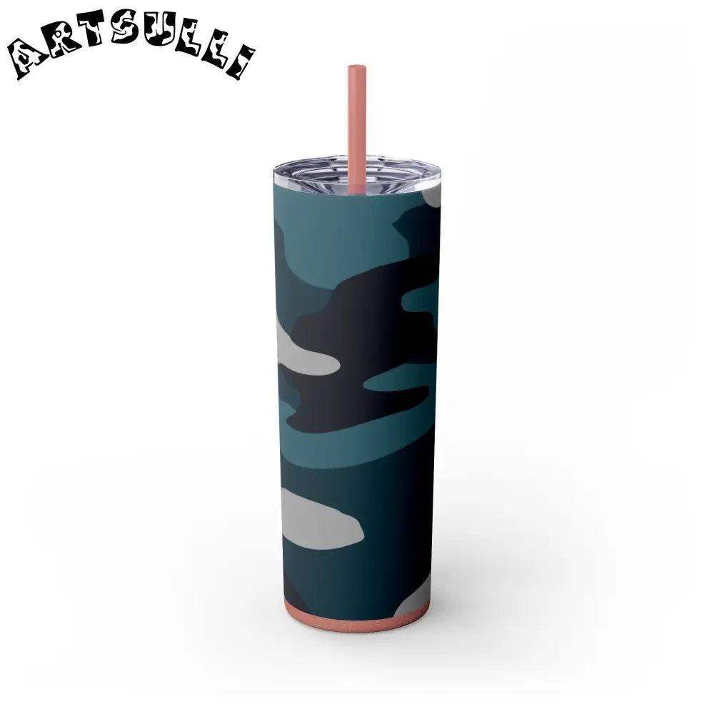 JAKKOUTTHEBXX Blue Camouflage Skinny Tumbler with Straw 20oz