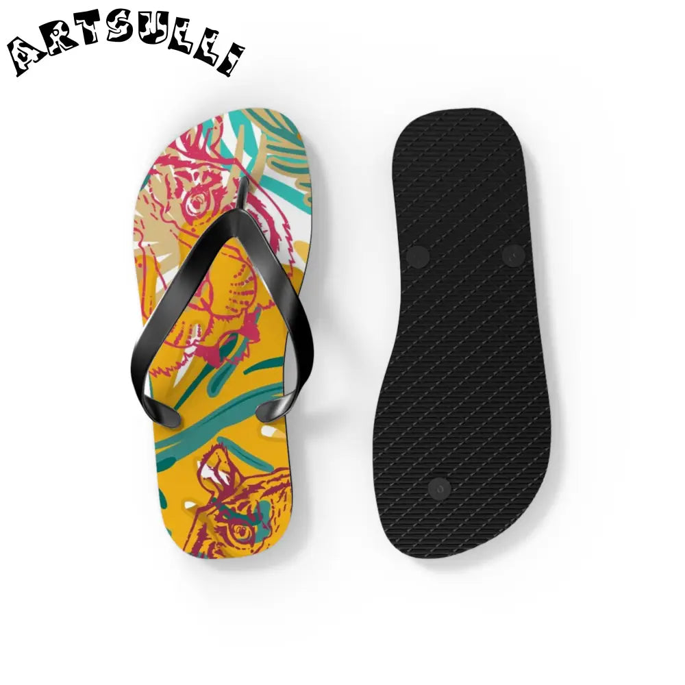 JAKKOUTTHEBXX Tropical Jungle Tigers Brown and Green Flip Flops