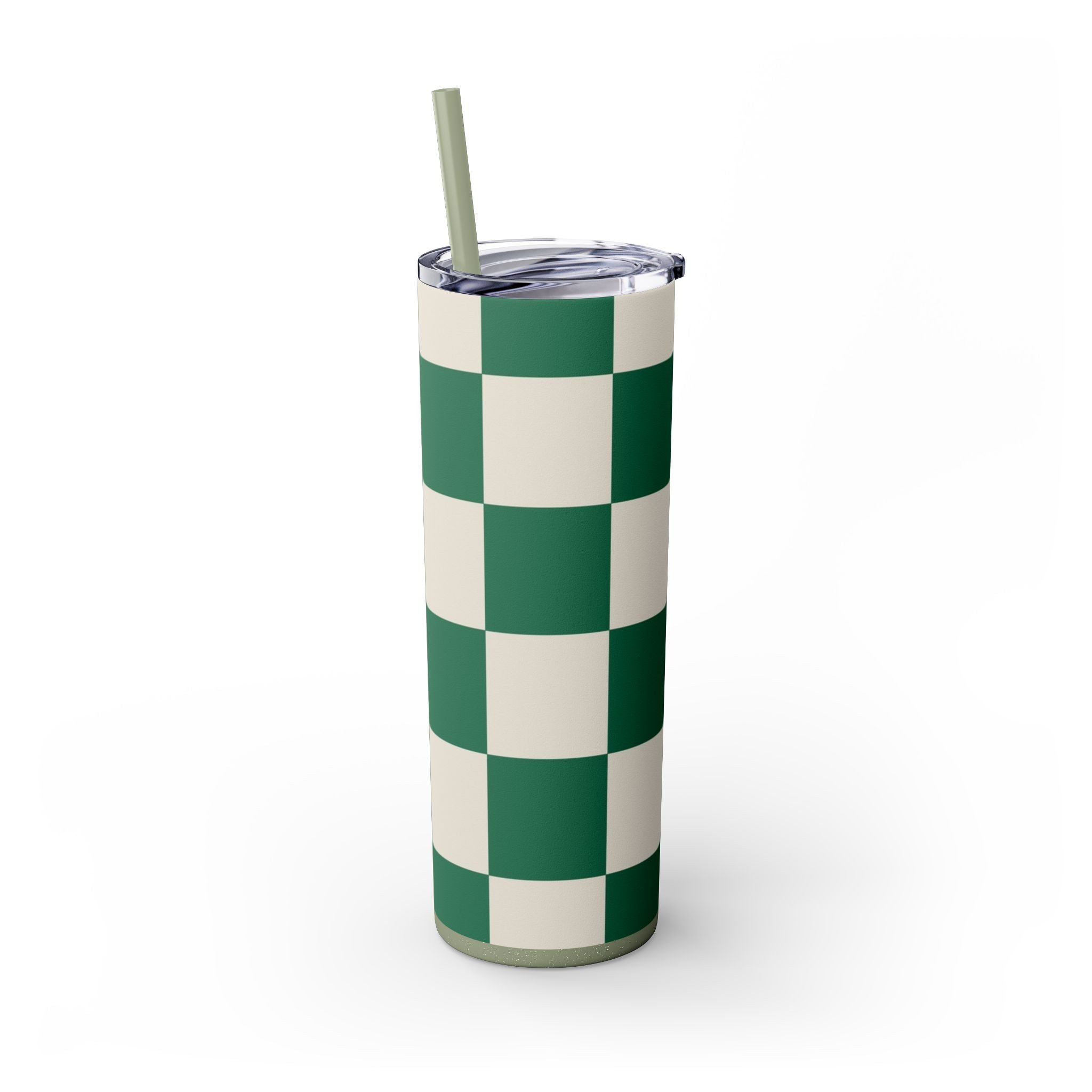 Checkerboard Dark Green Skinny Tumbler with Straw, 20oz, Artsulli - Art is Long, Life is Short, Mug, , , , , , , 