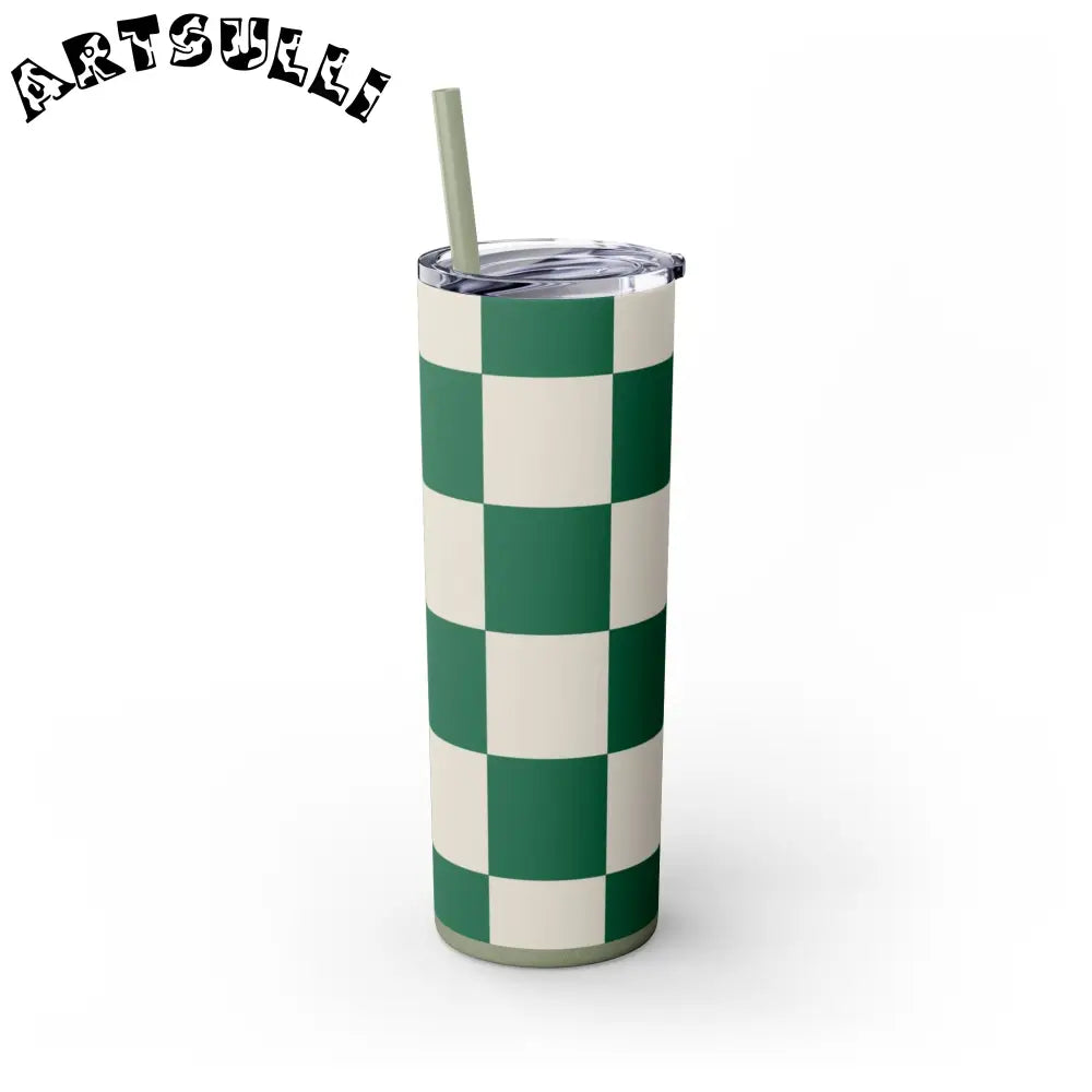 JAKKOUTTHEBXX Checkerboard Dark Green Skinny Tumbler with Straw 20oz