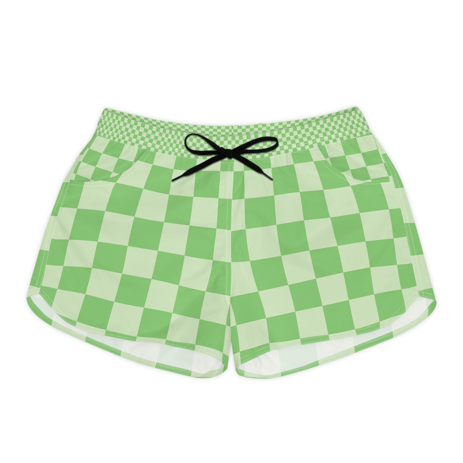 Big Checkerboard Lime Green Women's Casual Shorts (AOP), Artsulli - Art is Long, Life is Short, All Over Prints, Size, S, Color, Black drawstring, , , 46813631306825251796