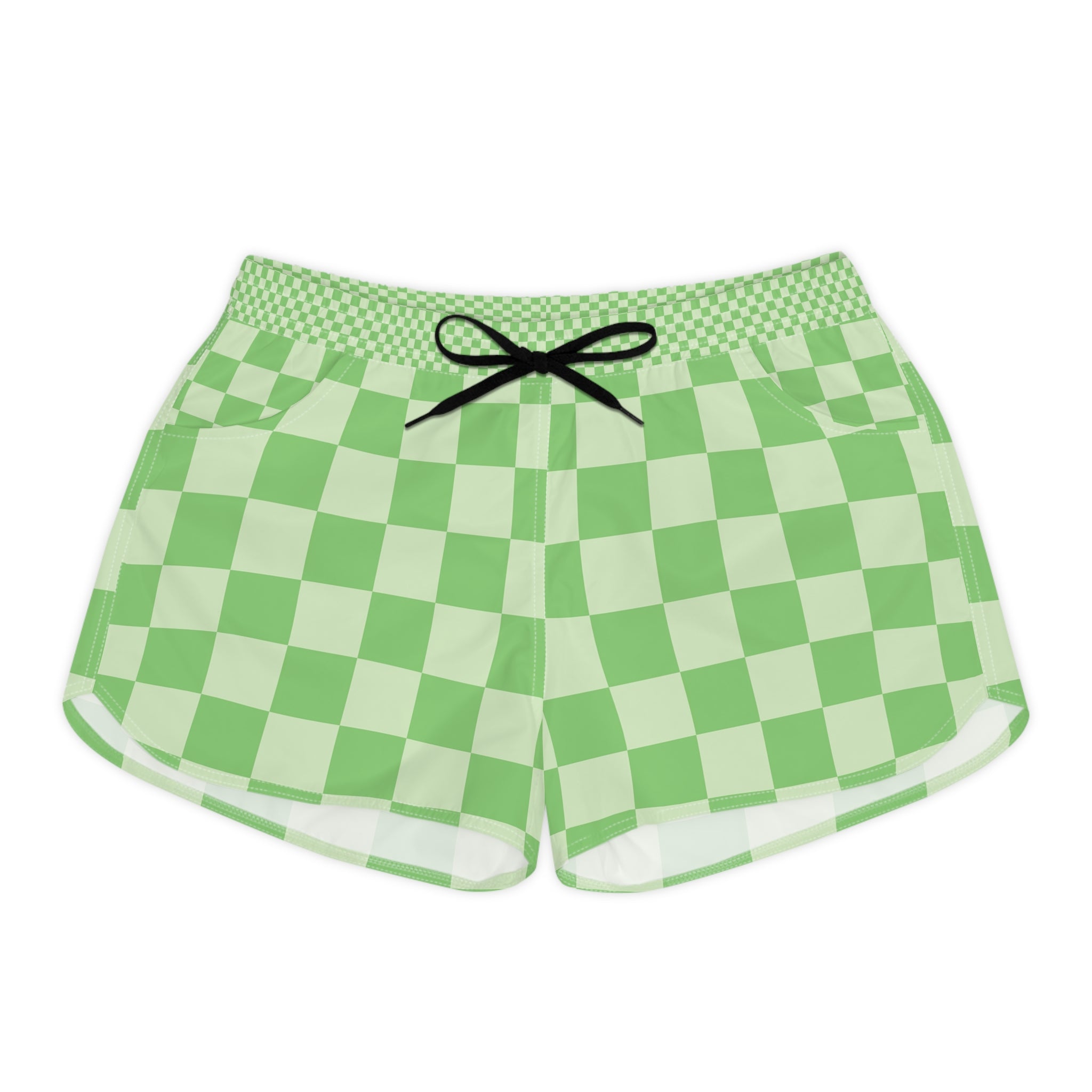 Big Checkerboard Lime Green Women's Casual Shorts (AOP), Artsulli - Art is Long, Life is Short, All Over Prints, Size, S, Color, Black drawstring, , , 46813631306825251796