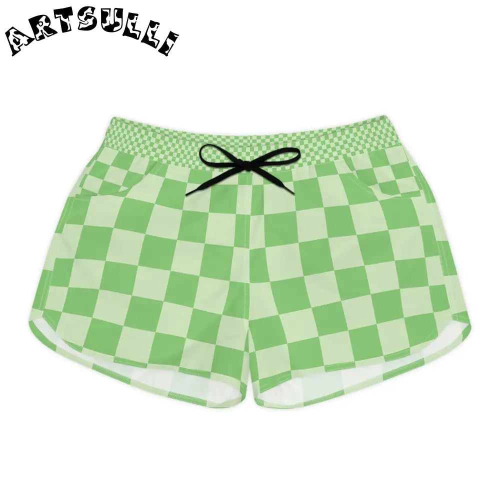 Big Checkerboard Lime Green Women's Casual Shorts (AOP), Artsulli - Art is Long, Life is Short, All Over Prints, Size, S, Color, Black drawstring, , , 46813631306825251796