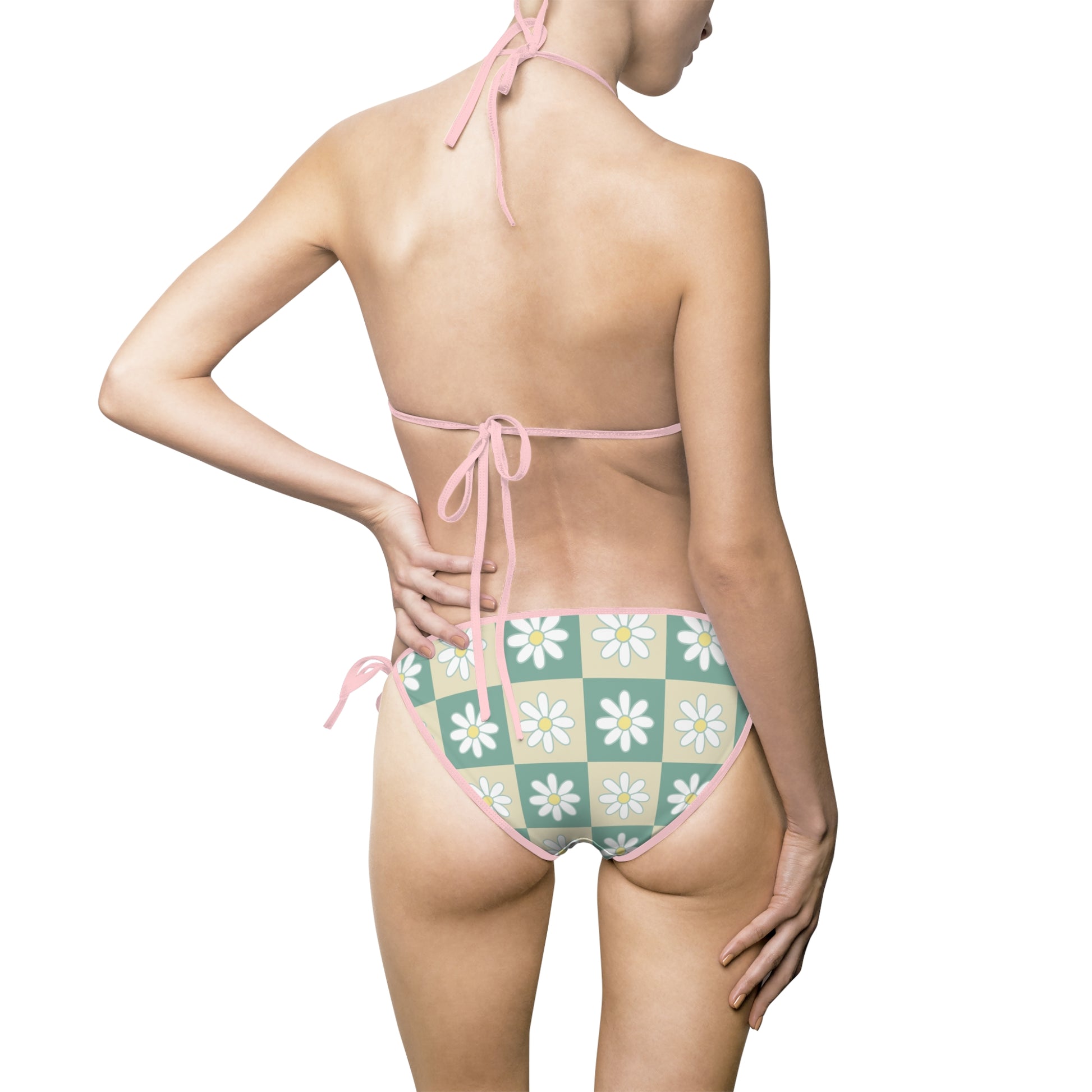 Retro Daisy Checkerboard Green and Tan Women's Bikini Swimsuit (AOP), Artsulli - Art is Long, Life is Short, All Over Prints, , , , , , , 