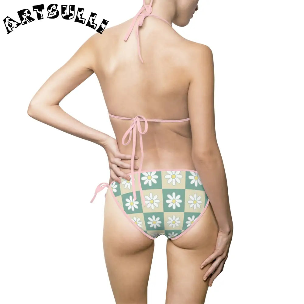 JAKKOUTTHEBXX Retro Daisy Checkerboard Green and Tan Women’s Bikini