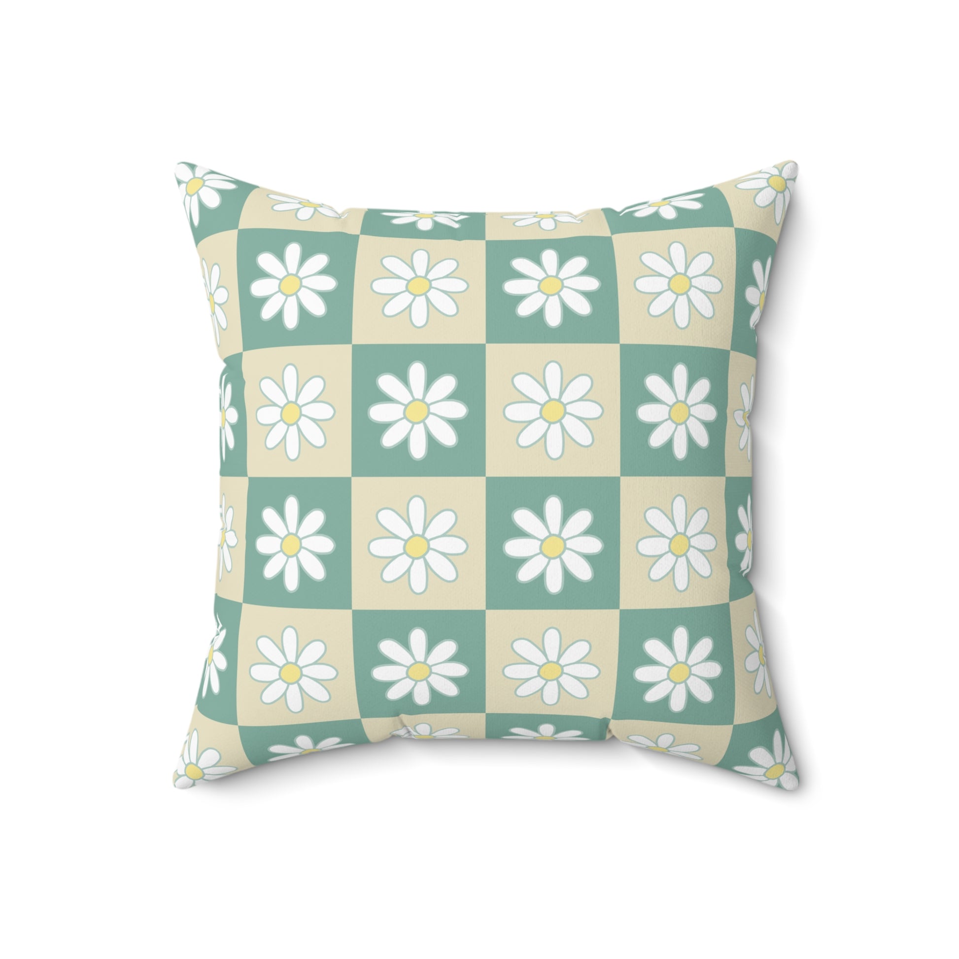Retro Daisy Checkerboard Green and Tan Spun Polyester Square Pillow, Artsulli - Art is Long, Life is Short, Home Decor, , , , , , , 