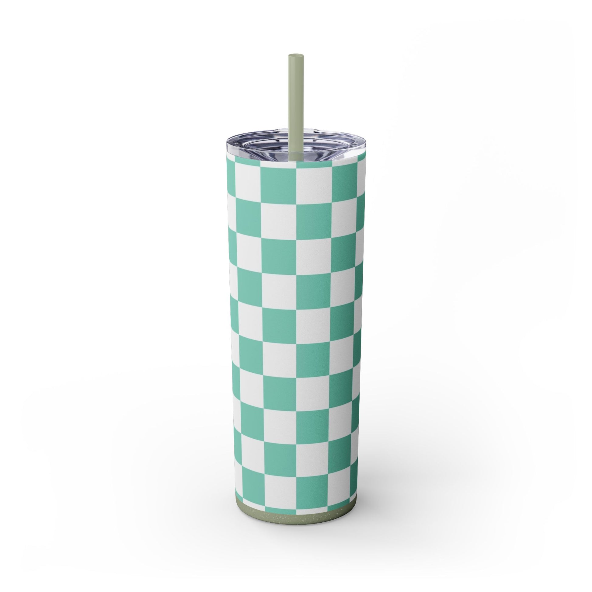 Checkerboard Light Green Skinny Tumbler with Straw, 20oz, Artsulli - Art is Long, Life is Short, Mug, Finish, Glossy, Color, Glitter Seascape, Size, 20oz, 45400887992012454539