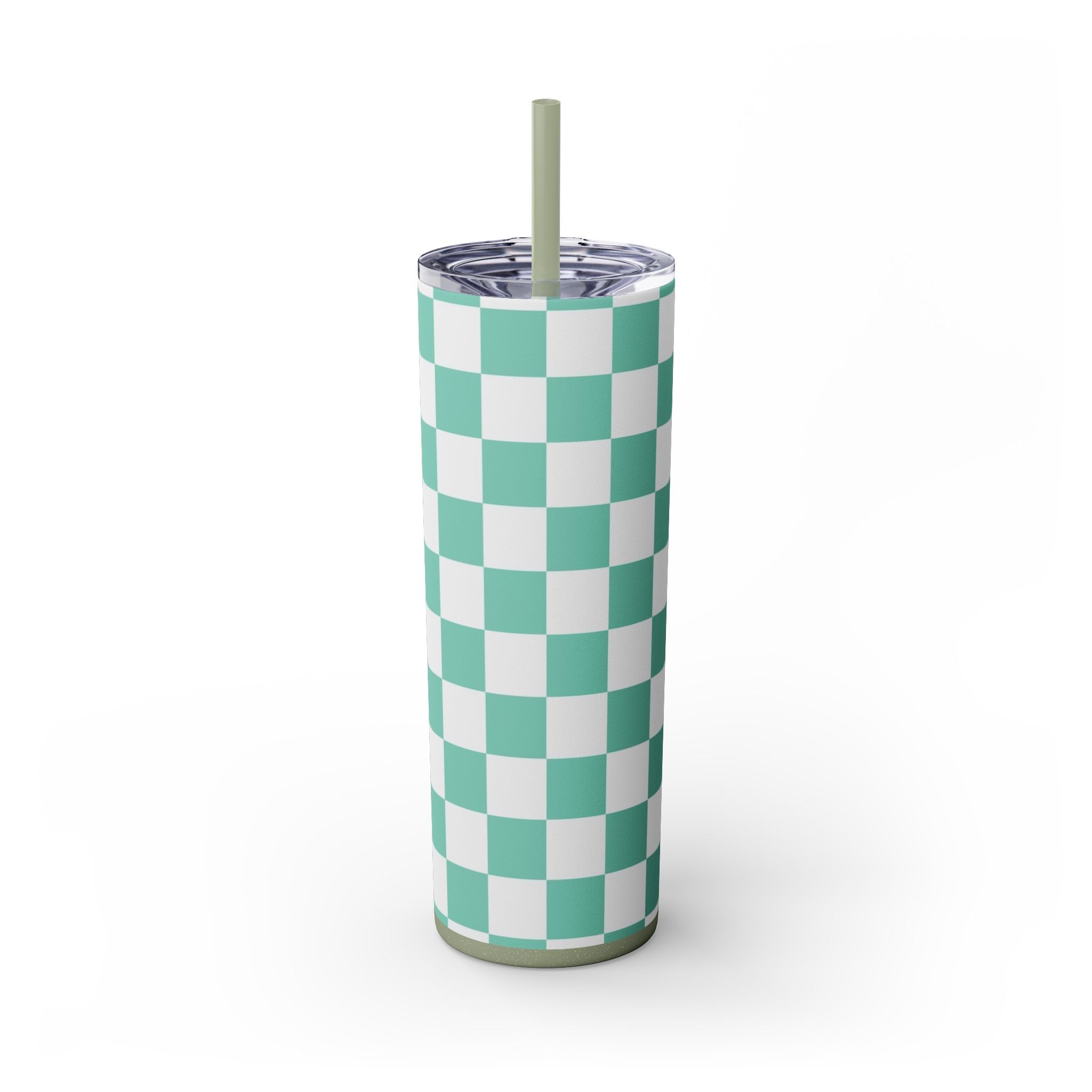 Checkerboard Light Green Skinny Tumbler with Straw, 20oz, Artsulli - Art is Long, Life is Short, Mug, Finish, Glossy, Color, Glitter Seascape, Size, 20oz, 45400887992012454539