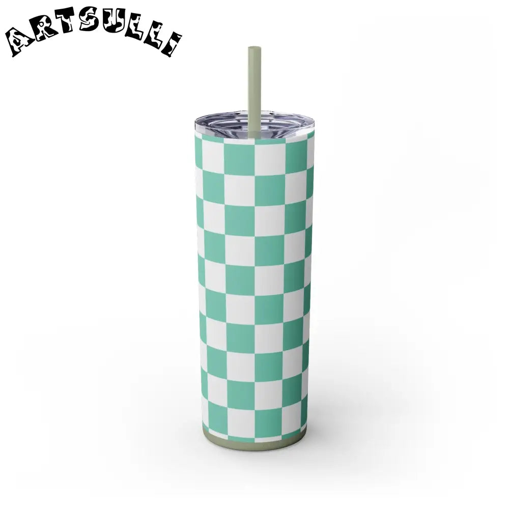 JAKKOUTTHEBXX Checkerboard Light Green Skinny Tumbler with Straw