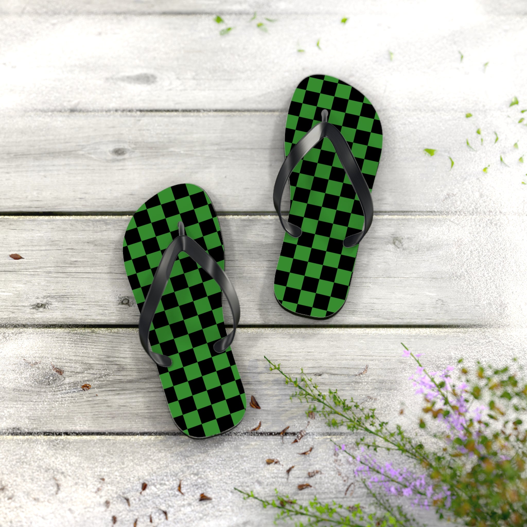 Checkerboard Green and Black Flip Flops, Artsulli - Art is Long, Life is Short, Shoes, , , , , , , 