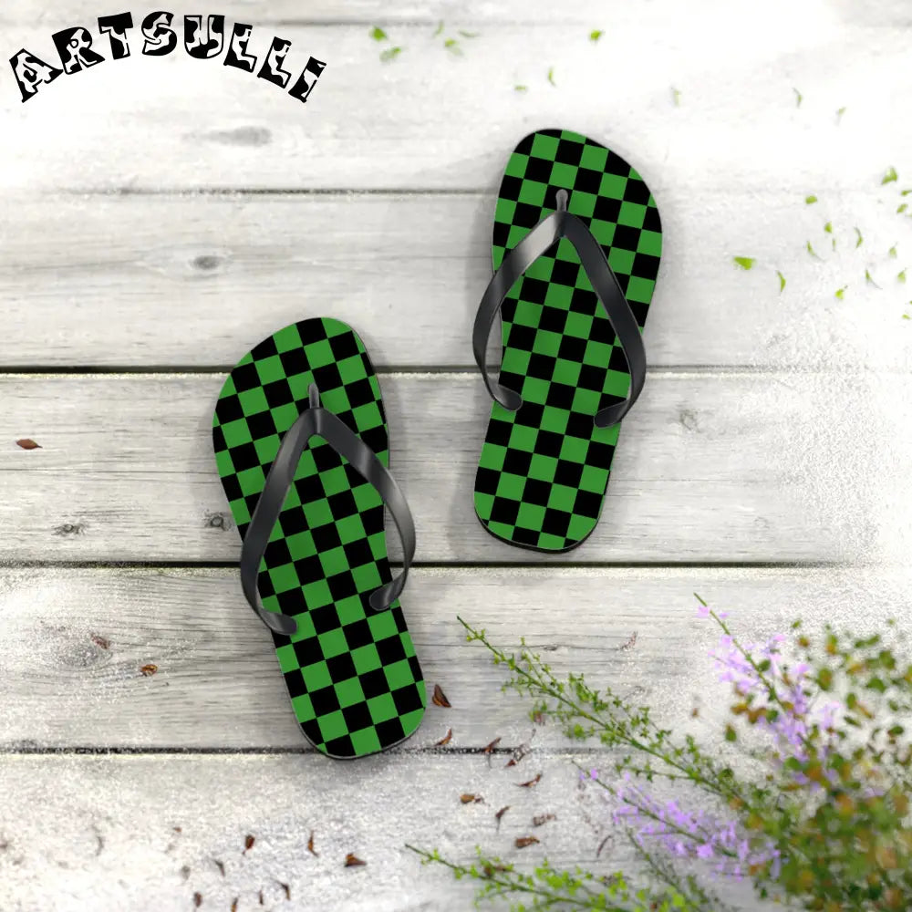 JAKKOUTTHEBXX Checkerboard Green and Black Flip Flops JAKKOUTTHEBXX