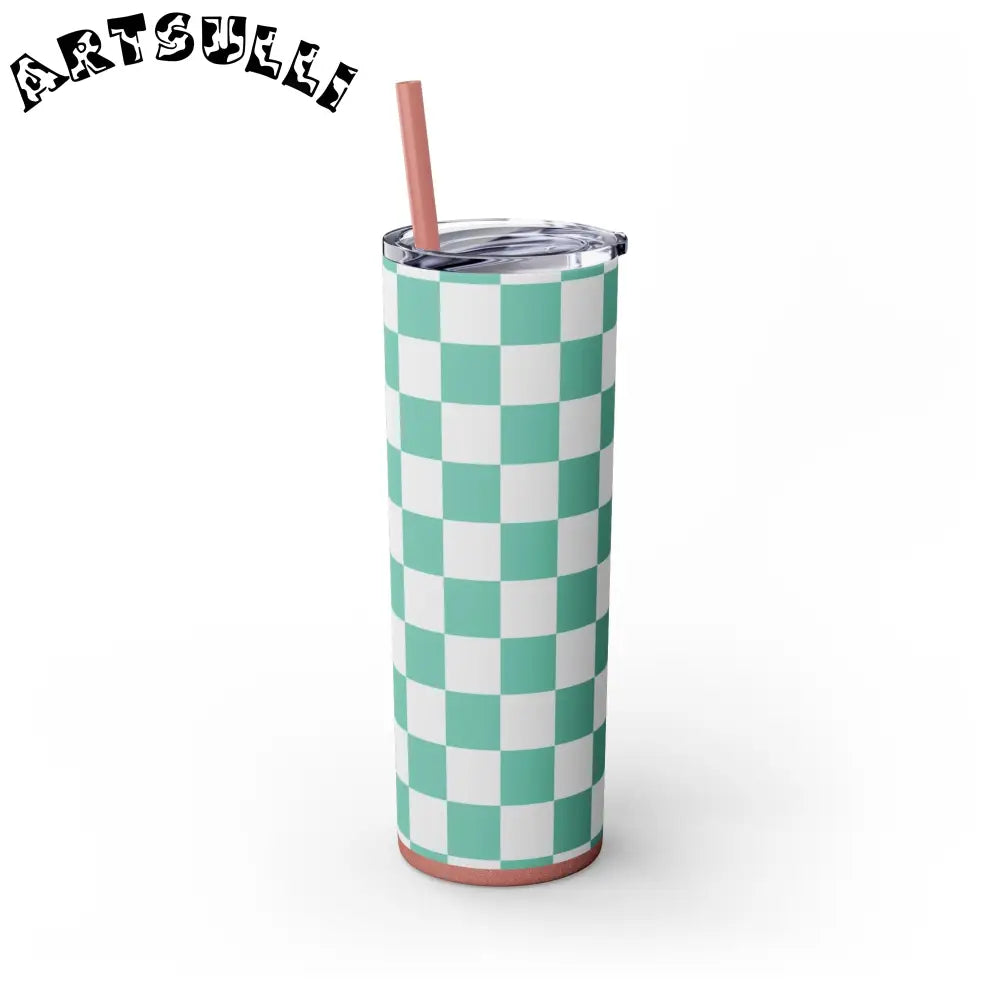 JAKKOUTTHEBXX Checkerboard Light Green Skinny Tumbler with Straw