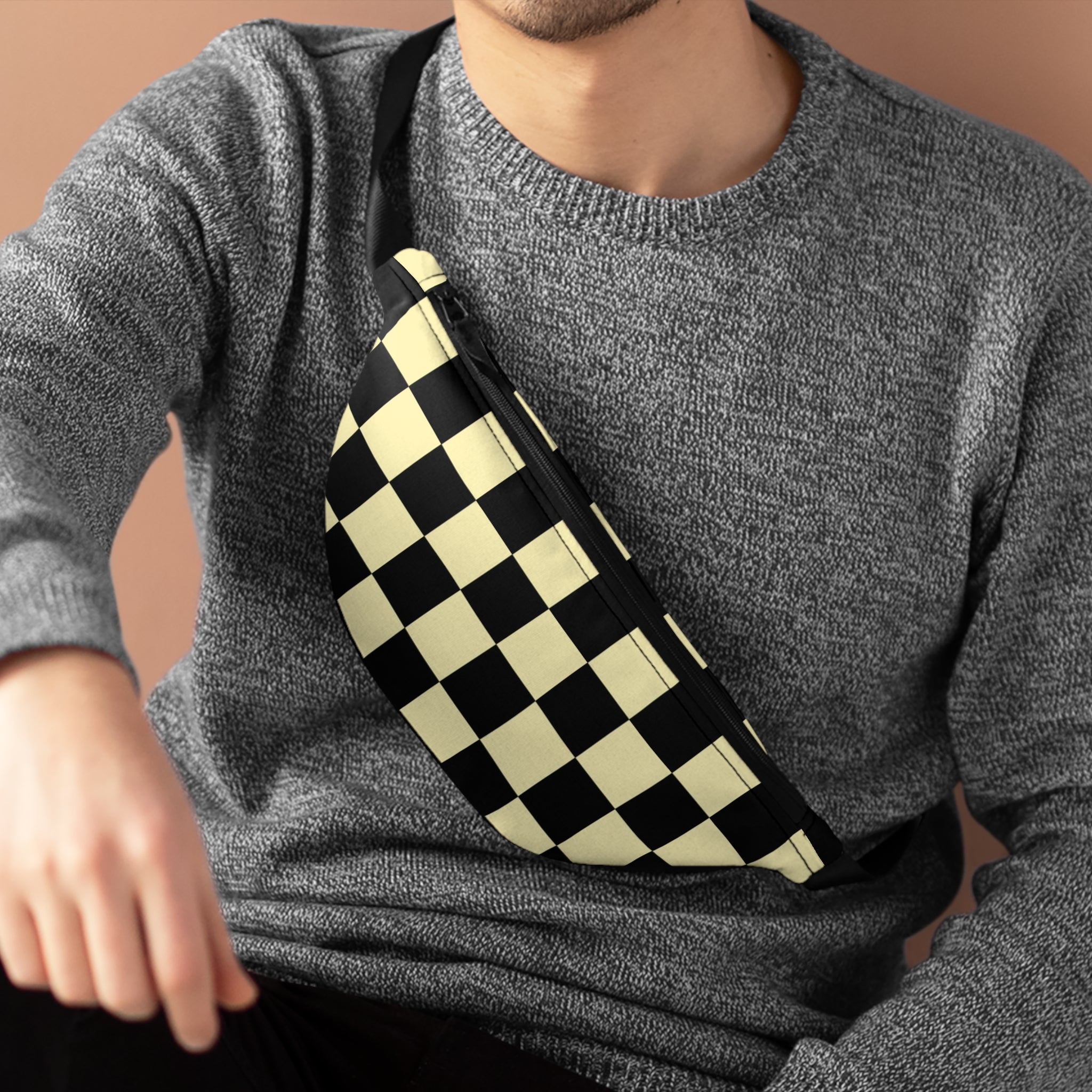 Checkerboard Black and Yellow Fanny Pack, Artsulli - Art is Long, Life is Short, Bags, , , , , , , 
