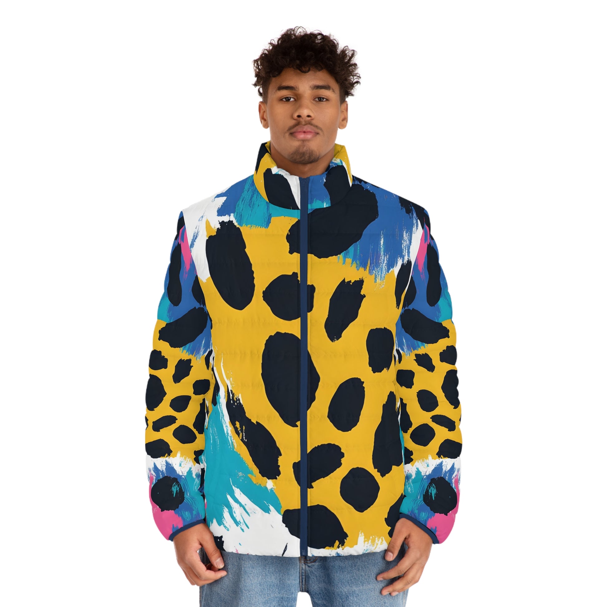 Leopard Print x Paint Brush Strokes Multi-Color Men's Puffer Jacket (AOP), Artsulli - Art is Long, Life is Short, All Over Prints, , , , , , , 