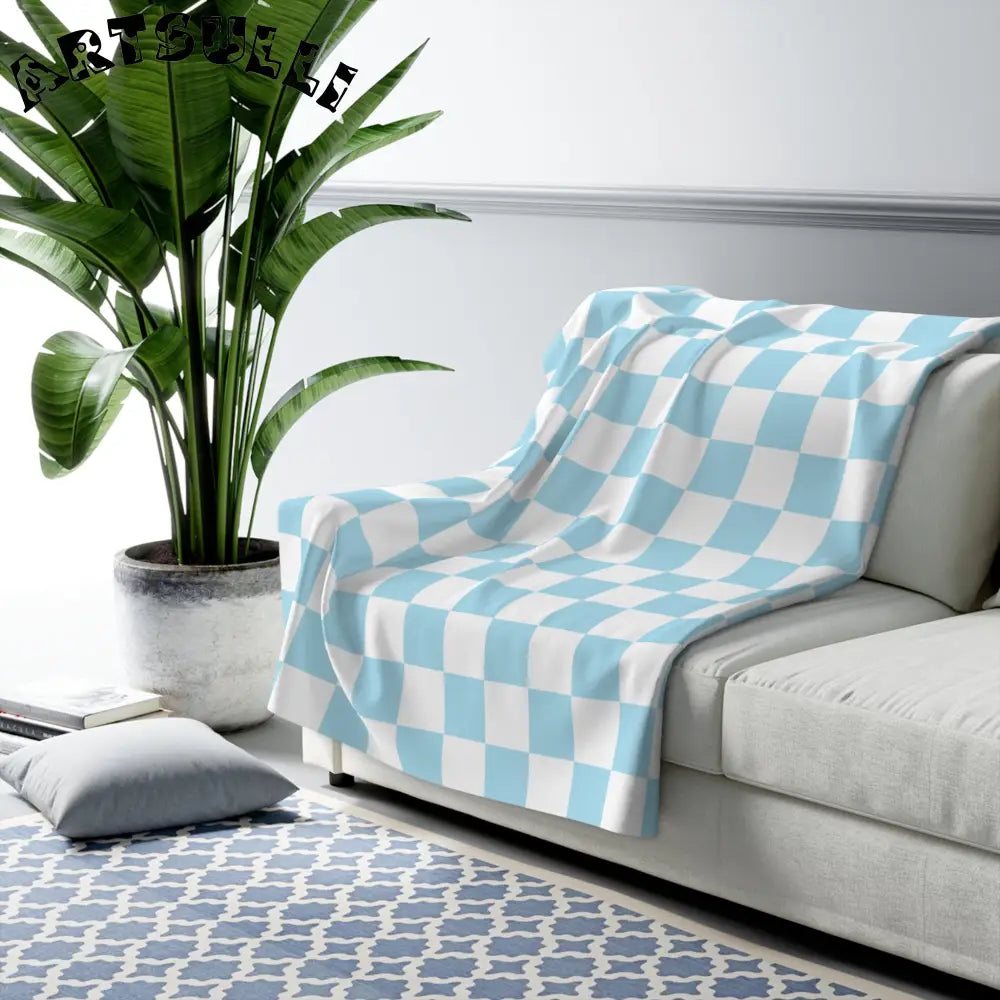 JAKKOUTTHEBXX Checkerboard Sky Blue Sherpa Fleece Blanket