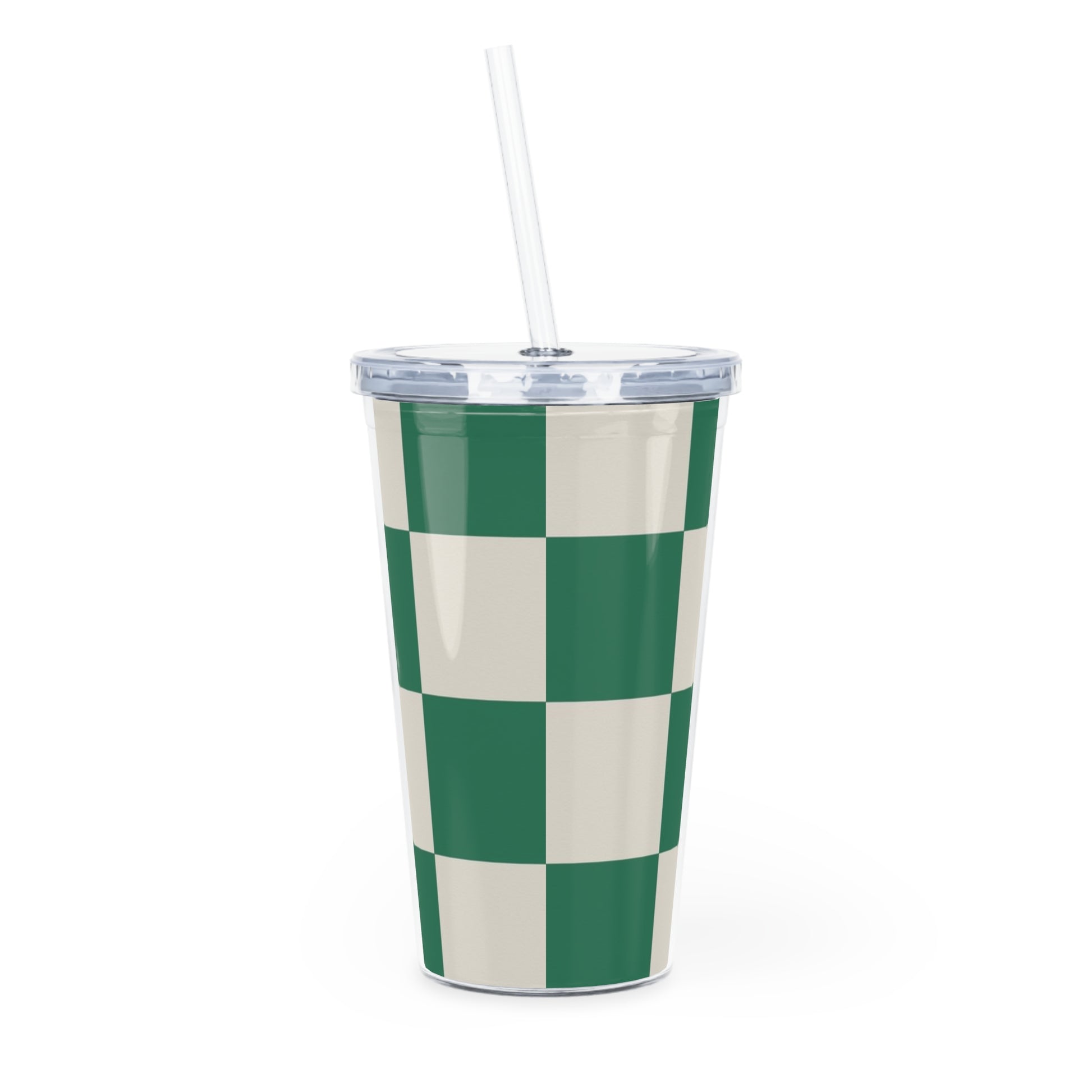 Checkerboard Dark Green Plastic Tumbler with Straw, Artsulli - Art is Long, Life is Short, Mug, , , , , , , 
