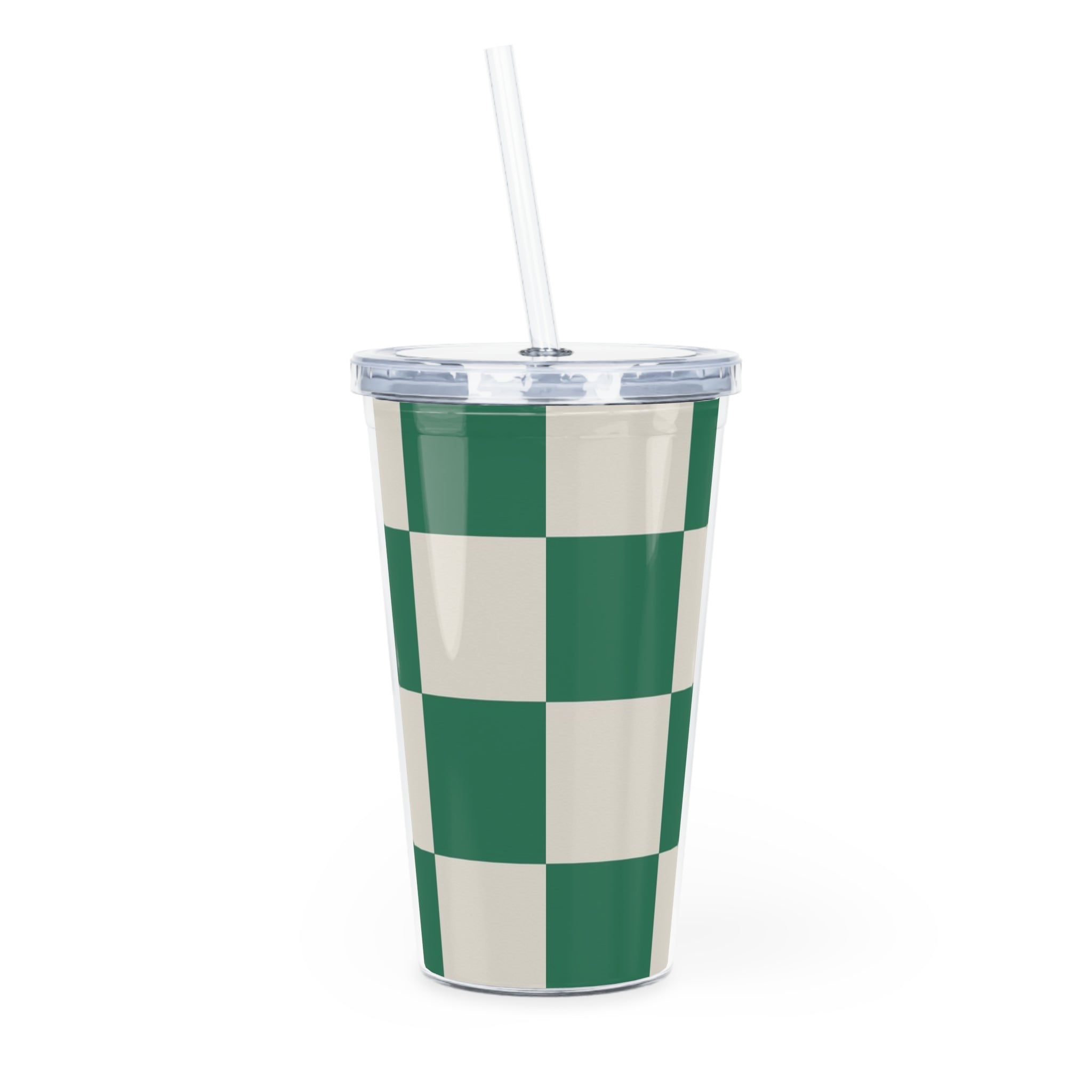 Checkerboard Dark Green Plastic Tumbler with Straw, Artsulli - Art is Long, Life is Short, Mug, , , , , , , 