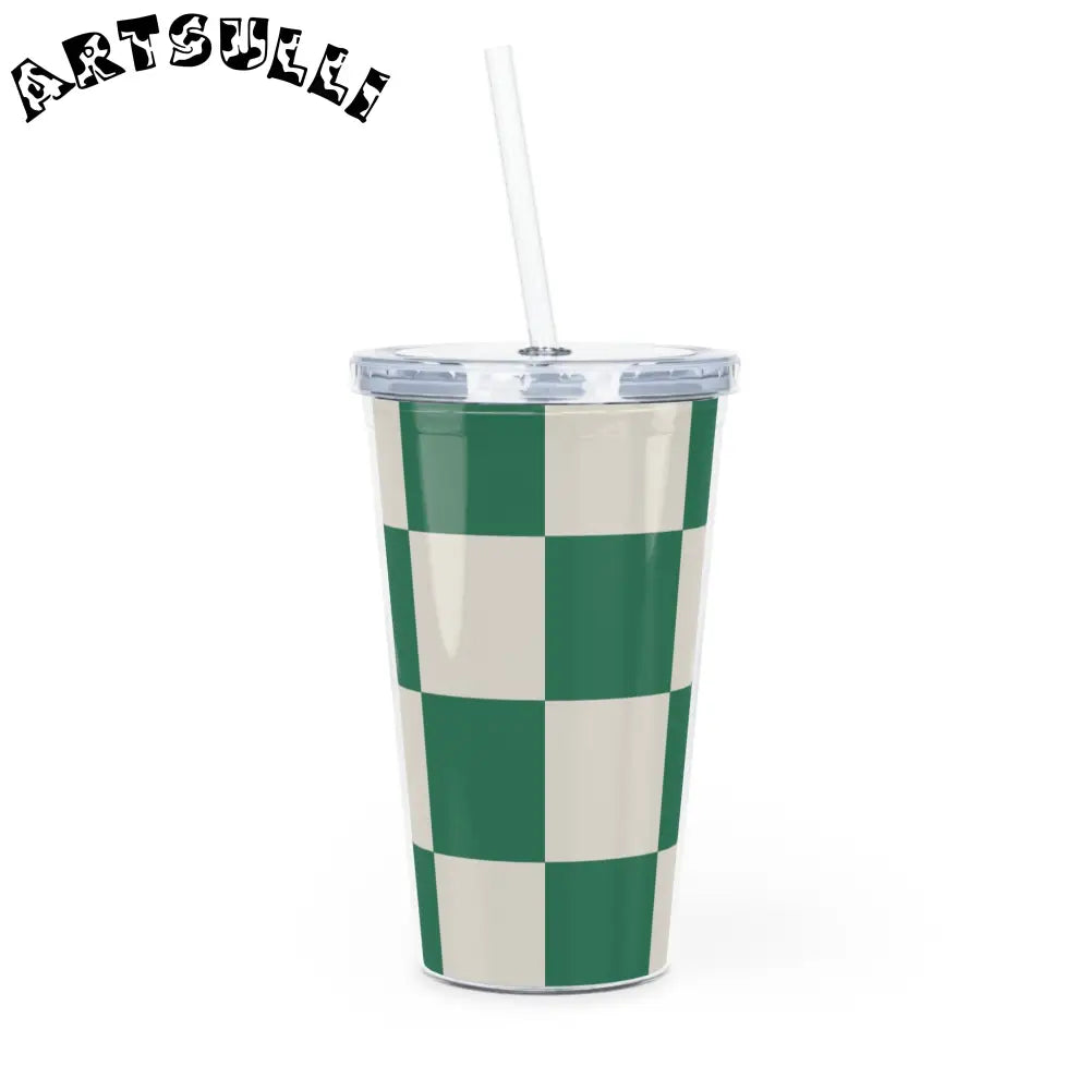 JAKKOUTTHEBXX Checkerboard Dark Green Plastic Tumbler with Straw