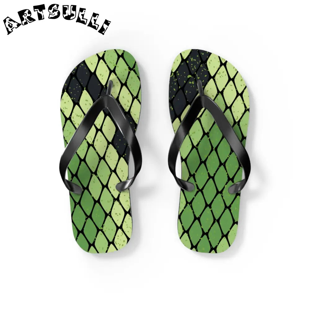 JAKKOUTTHEBXX Snake Skin Green and Black Flip Flops JAKKOUTTHEBXX