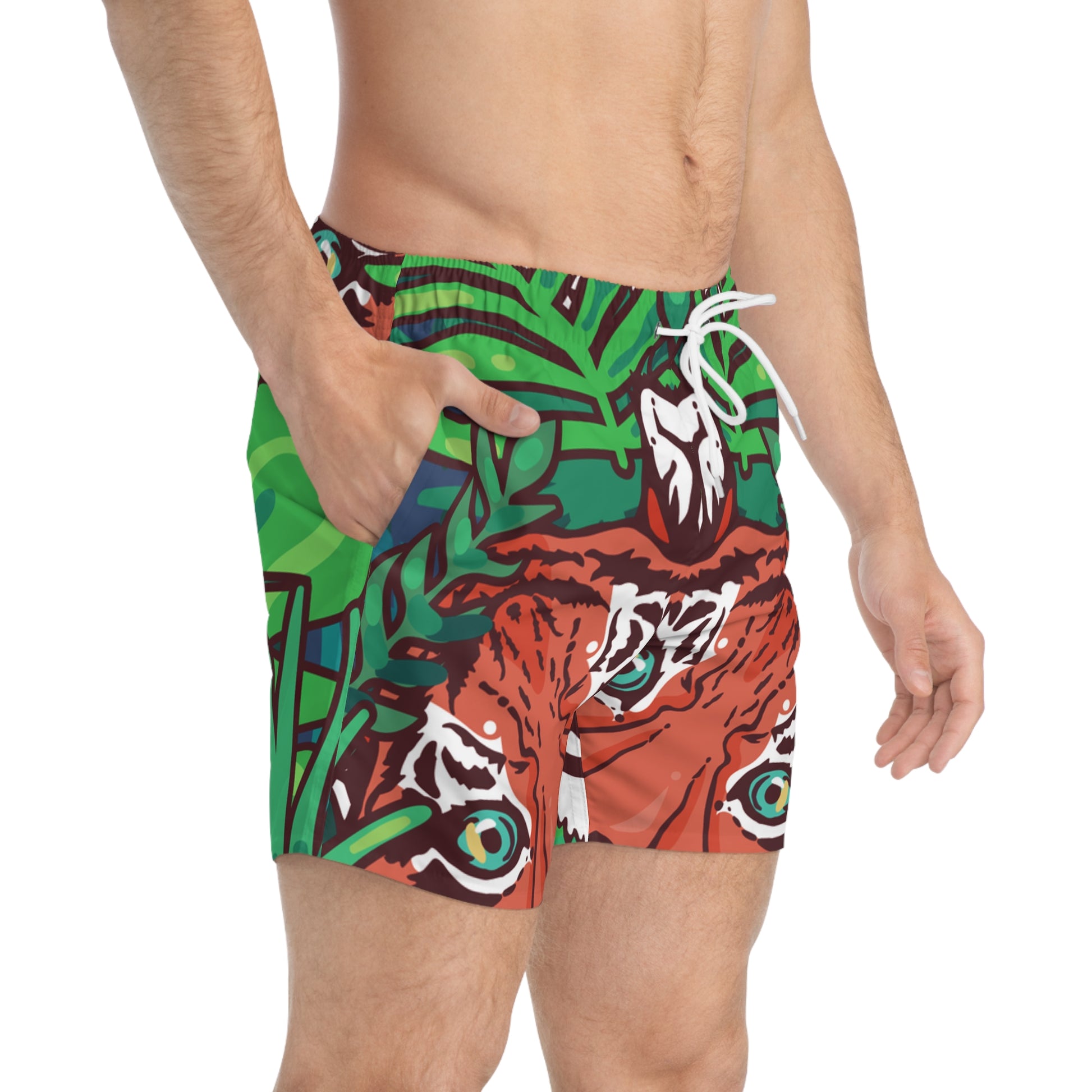 Tropical Jungle Tigers Green and Brown Swim Trunks (AOP), Artsulli - Art is Long, Life is Short, All Over Prints, , , , , , , 
