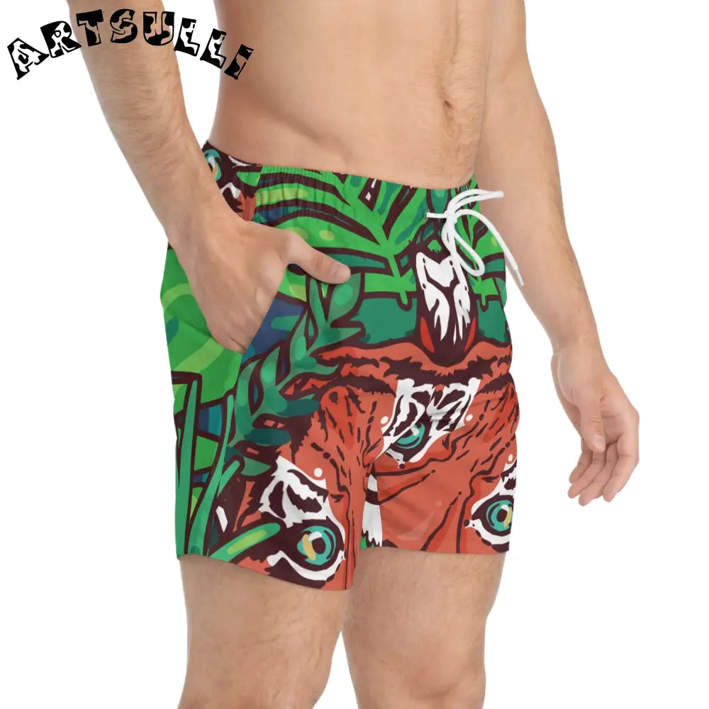 JAKKOUTTHEBXX Tropical Jungle Tigers Green and Brown Swim Trunks