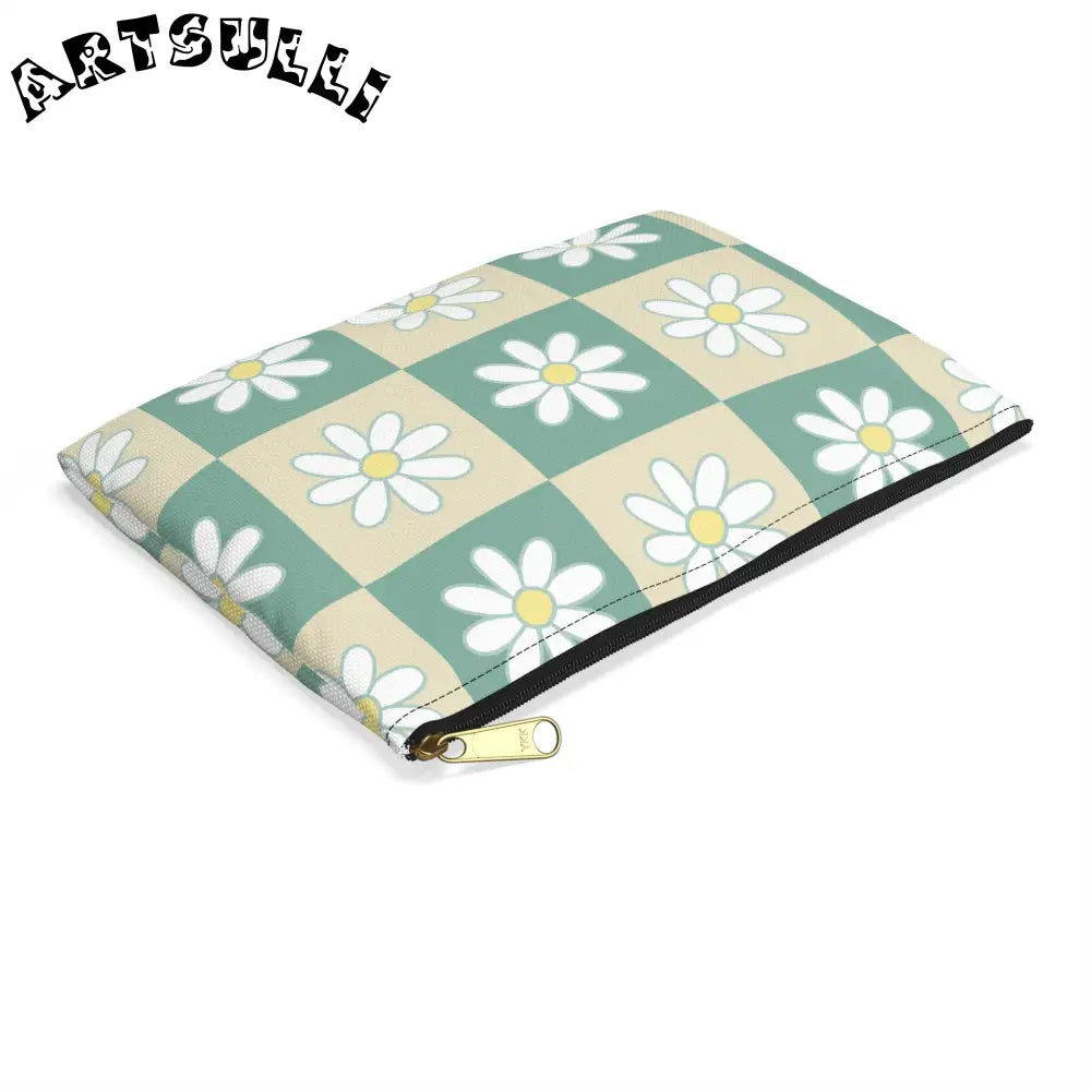 JAKKOUTTHEBXX Retro Daisy Checkerboard Green and Tan Accessory Pouch