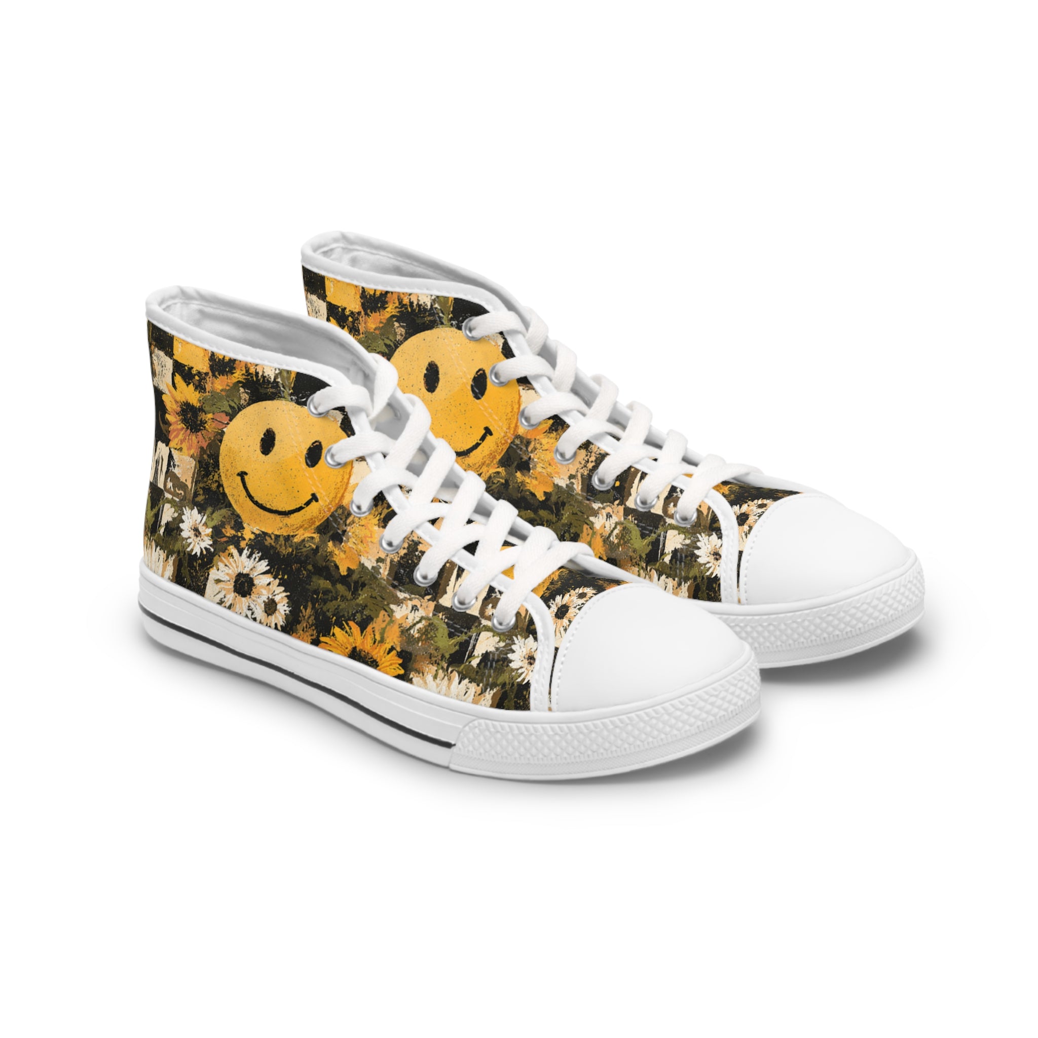 Smiley Face x Checkerboard x Sunflowers x Trippy x Vintage Black and Yellow Women's High Top Sneakers, Artsulli - Art is Long, Life is Short, Shoes, Size, US 5.5, Color, White sole, , , 31559159101567459252
