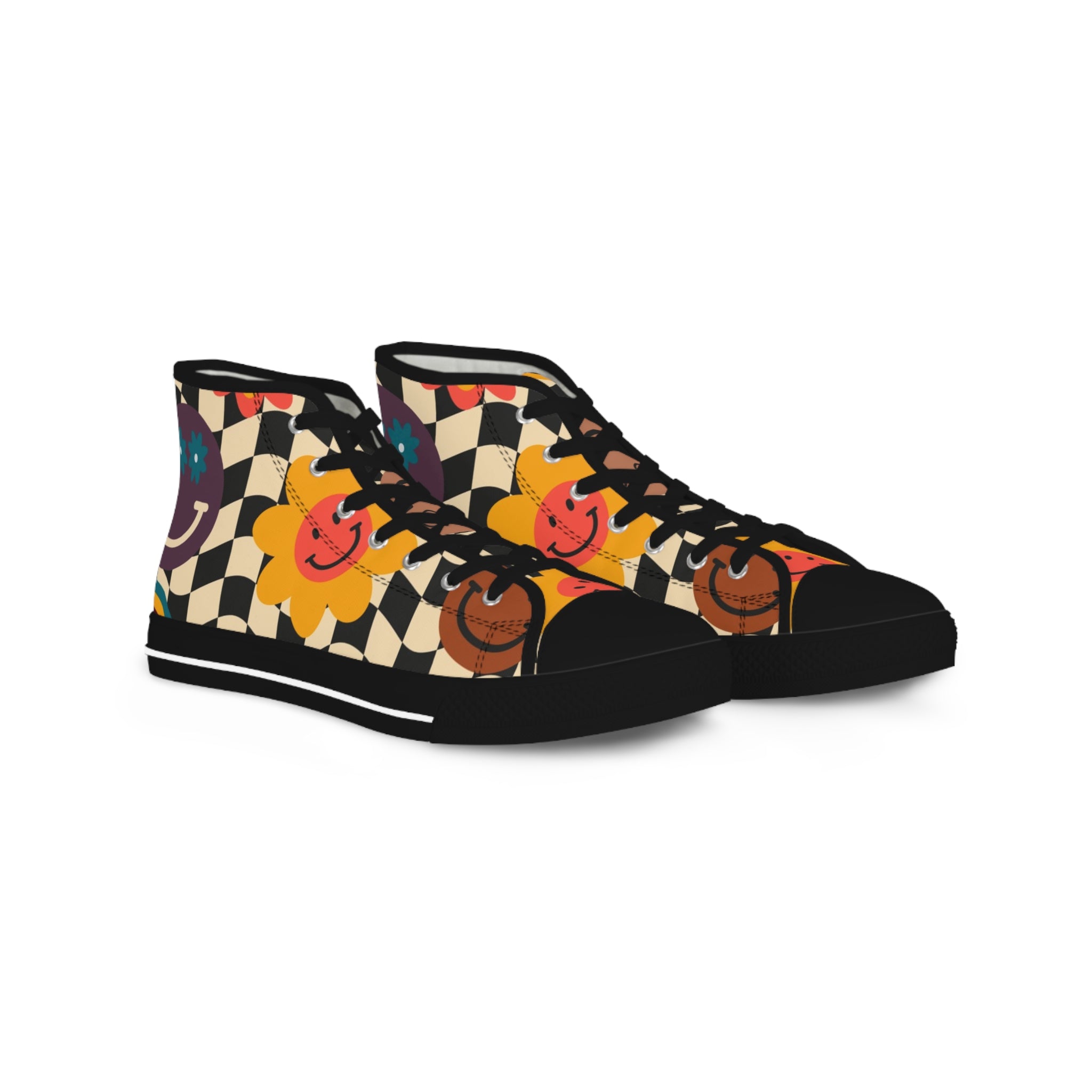 Trippy x Wavy Checkerboard x Smiley Face x Rainbow x Flowers Multi-Color Men's High Top Sneakers, Artsulli - Art is Long, Life is Short, Shoes, Size, US 5, Color, Black sole, , , 29440952236145940796